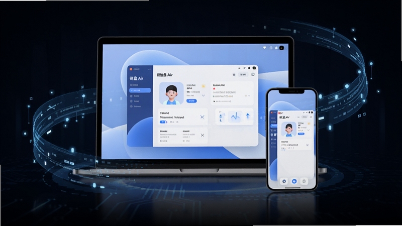 微盘Air同步功能示意图,画面中央为一部笔记本电脑和一部手机,屏幕上都显示微盘Air软件界面,周围有流转的蓝色数据光线,背景为深色科技感风格