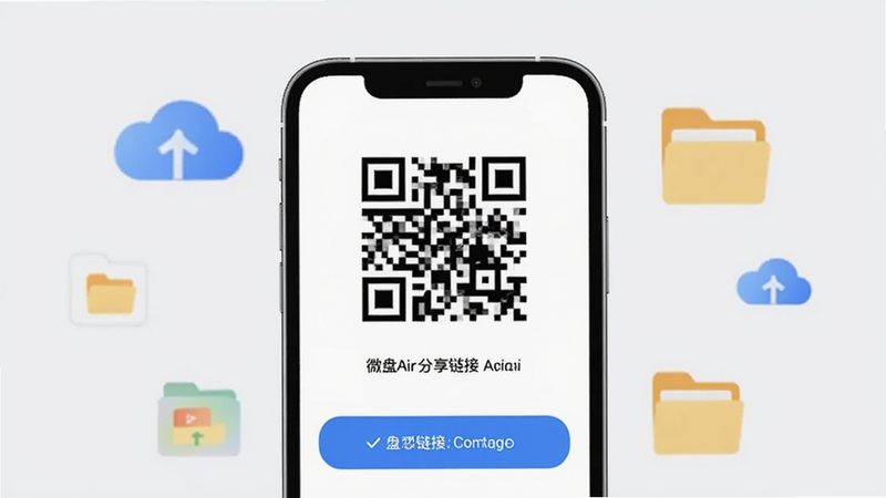 微盘Air分享链接功能示意图,画面中央是一个放大的手机屏幕,显示二维码和链接选项,周围有云朵和文件夹图标,背景为浅灰色,整体风格清爽