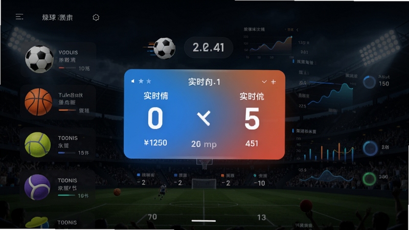 球球体育App主界面预览图,展示足球、篮球、网球等赛事列表,背景为深色体育场氛围,中央显示实时比分卡片,画面清晰现代,突出体育激情与数据可视化风格