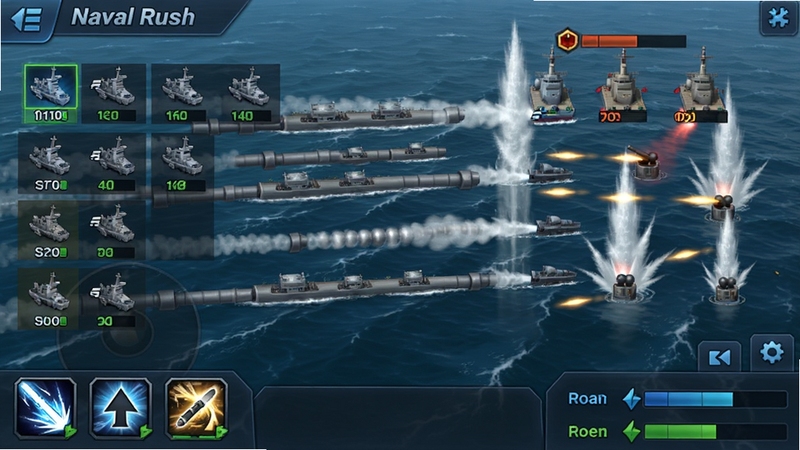 Naval Rush ��Ϸս�������ͼ���������ҽ��ӱ�ӣ��Ҳ��ǵз����ӣ������������׺������ڵ������ˮ���������·��м��ܰ�ť�ͽ���״̬����UI���������η��