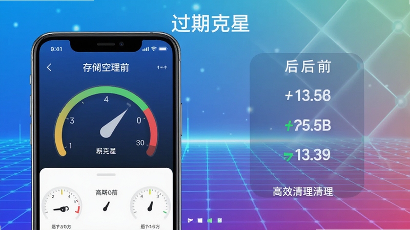 过期克星主界面预览图,展示手机存储空间清理前后的对比效果,前景为清爽的仪表盘风格界面,背景为渐变色科技感网格,整体明亮简洁,突出高效清理主题。
