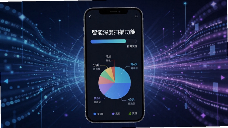 过期克星-智能深度扫描功能演示图,画面中央为手机屏幕,屏幕上显示扫描进度条和分类统计饼图,背景为抽象的数据流线条,蓝紫色调,体现科技感与高效感。