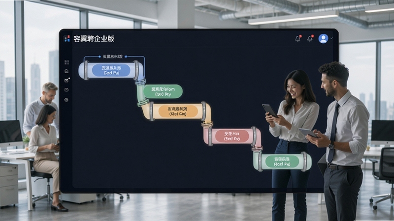 容翼聘企业版招聘流程看板界面,以瀑布流管道图展示候选人从投递到录用的各个阶段,不同颜色标签区分状态,界面清晰,背景为现代化办公室,强调团队协作