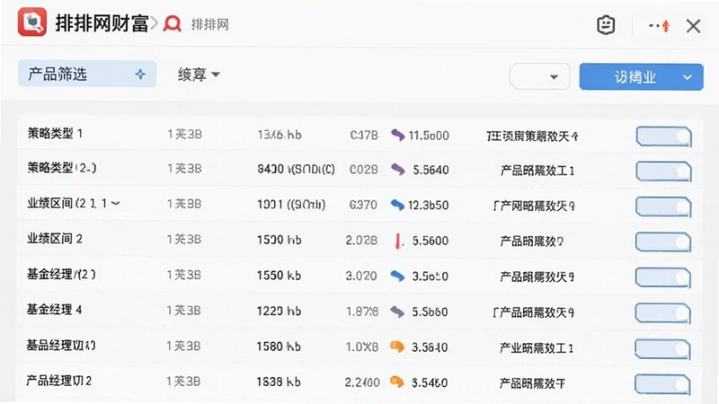 排排网财富App产品筛选页面截图,展示多维度筛选条件,包括策略类型、业绩区间、基金经理等,界面清晰,数据表格排列整齐,背景为浅色,突出功能模块