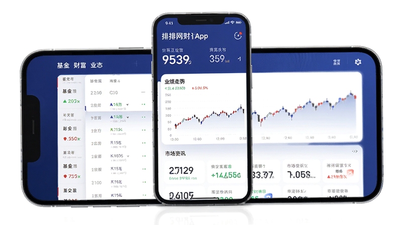 排排网财富App主界面预览图,展示基金列表、业绩走势图表、市场资讯模块,整体风格专业简洁,背景为深蓝色渐变,手机屏幕居中显示,四周留白,高清渲染