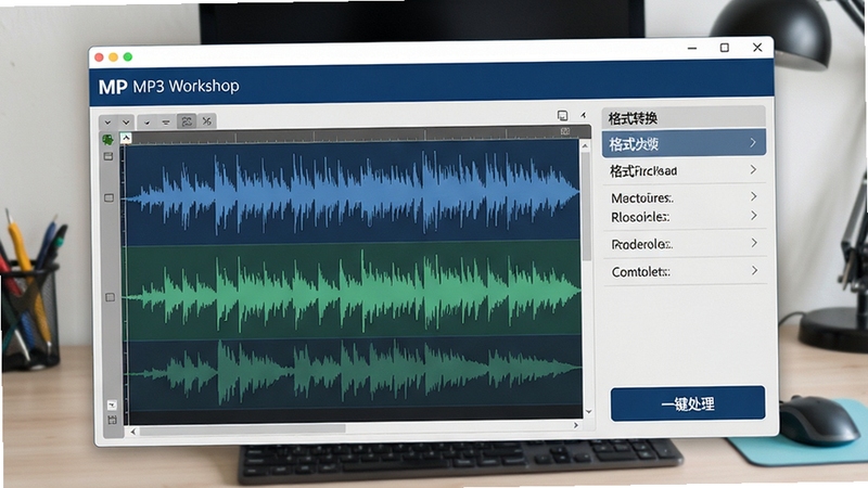 MP3 Workshop ������Ԥ��ͼ����ʾ��Ƶ���α༭���򡢸�ʽת��ѡ���б���һ��������ť���������������ǳ����ɫ��������������������Ϊ���Ĺ���̨������ͻ��������רҵ���������ԡ�
