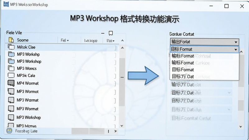 MP3 Workshop ��ʽת��������ʾ��ͼ��������ʾ�ļ��б��������ʽ�����˵�������Ϊ����ɫ����ͻ������ת���������̣���������չʾԴ�ļ���Ŀ���ʽ�Ķ�Ӧ��ϵ��