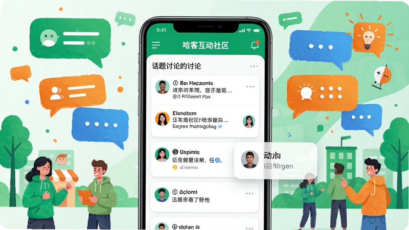 哈客互动社区广场场景,画面展示手机界面中的话题讨论区与用户动态卡片,背景为多彩对话气泡与社区元素,绿色与橙色点缀,风格活泼,体现社区活跃与互动性,高清视觉