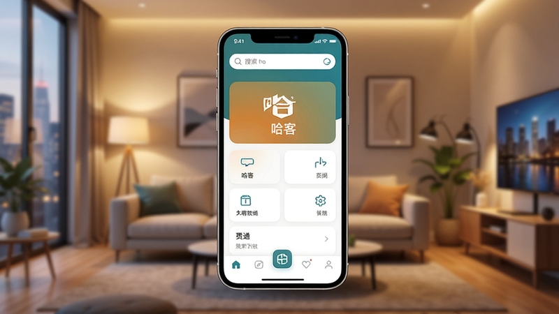 哈客应用主界面全景预览图,画面中央展示手机屏幕中的哈客主界面,包含底部导航栏与顶部搜索框,背景为模糊的现代城市客厅,暖色调光线,整体风格简洁明亮,突出软件功能布局与品牌色调,采用高清渲染,适合应用商店展示