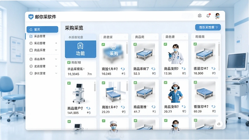 邮你采软件主界面预览图,展示清晰的采购功能模块布局与商品列表,背景为简约的医疗行业蓝白色调,界面设计现代且专业,整体画质高清,突出软件核心的移动采购管理场景