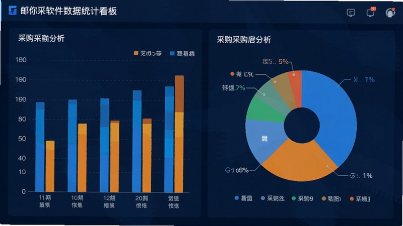 邮你采软件数据统计看板界面,展示柱状图与饼图形式的采购数据分析,背景为深蓝色商务风格,图表色彩鲜明,突出数据可视化与智能分析功能