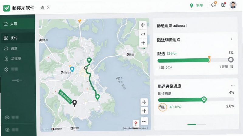 邮你采软件订单物流追踪界面,展示地图轨迹与配送进度条,背景为浅灰色界面搭配绿色主色调,直观展示订单配送过程的透明化与可视化