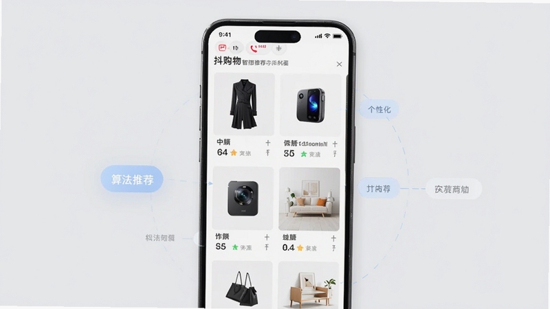 抖购物商城智能推荐功能界面示意图,手机屏幕上展示个性化商品瀑布流,包含服饰、数码、家居等商品卡片,背景为柔和浅灰色,突出算法推荐逻辑,画面清晰现代
