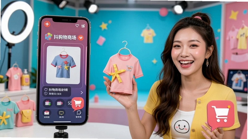 抖购物商城直播购物功能场景图,主播在手机直播间展示商品,屏幕上有商品链接和购物车图标,背景为明亮直播间布置,色彩鲜艳活泼,体现互动购物氛围