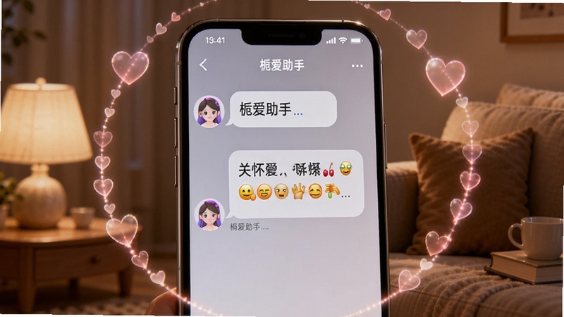 栀爱智能对话功能演示图,画面展示手机屏幕内与栀爱助手的对话气泡,助手回复内容包含关怀表情符号,屏幕外圈有发光的心形图案,背景为温馨的室内灯光环境,凸显智能交互与情感支持的功能特点。