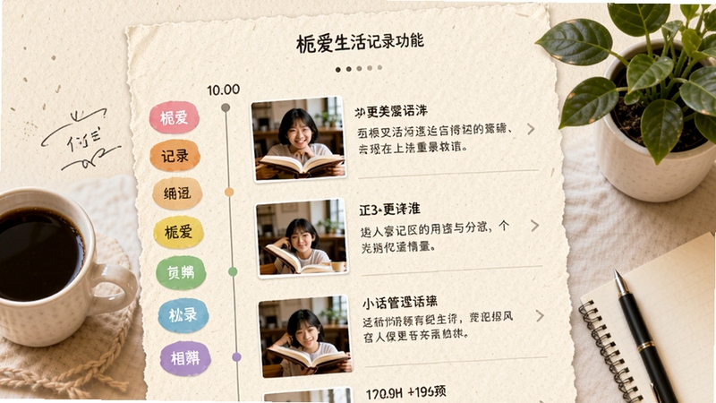 栀爱生活记录功能界面图,画面展示时间轴样式的日记列表,包含照片和文字摘要,左侧有彩色标签分类,背景采用米黄色纸张纹理,搭配咖啡杯和绿植等元素,体现记录生活与个性化管理的功能特性。