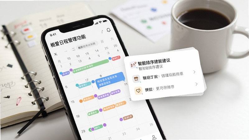 栀爱日程管理功能展示图,画面为手机应用内的日历视图,上面标记着不同颜色的日程圆点,其中一项弹出了智能排序建议卡片,背景是简洁的办公桌面,带有笔记本和咖啡,强调软件的效率辅助与智能规划能力。