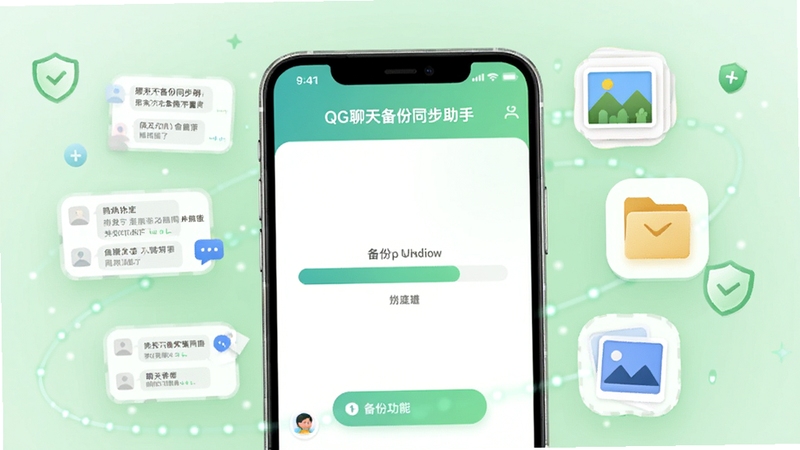 QG聊天备份同步助手一键备份功能示意图,画面中手机屏幕显示备份进度条,周围有聊天记录、图片、文件等图标环绕,背景为柔和绿色,体现安全可靠的感觉,软件名称出现在屏幕顶部