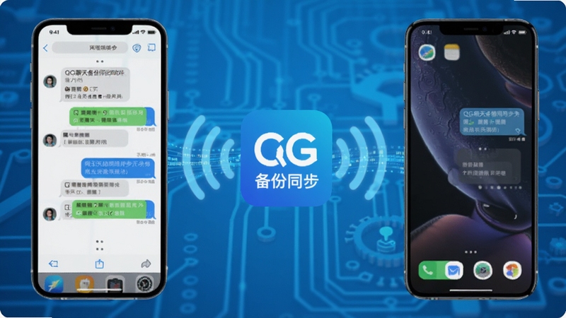 QG聊天备份同步助手跨设备同步示意图,画面中显示两部手机通过无线信号连接,聊天记录以数据流形式从旧手机传输到新手机,背景为蓝色科技感,突出同步与迁移的主题,软件名称标识在画面中央