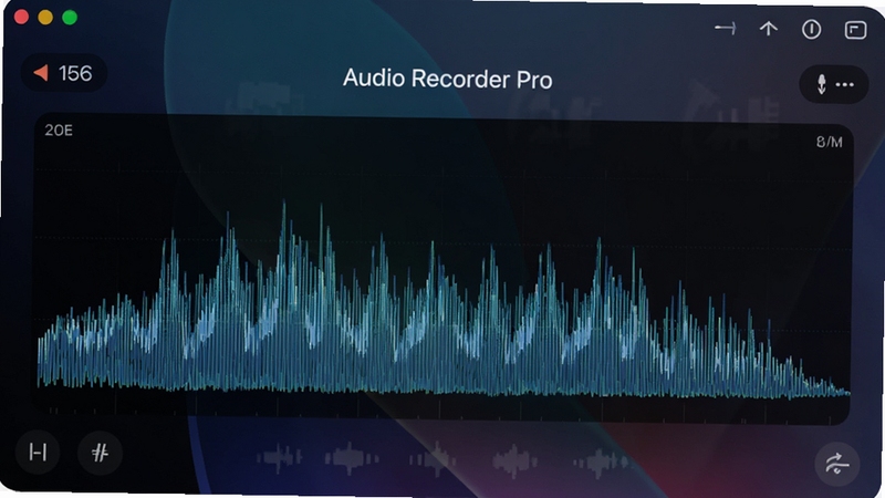 生图提示词:展示Audio Recorder Pro在主屏幕上的运行界面,界面中央是一个模拟的波形频谱动态显示,背景为深色渐变,突出录音软件的科技感与专业感,整体画面清晰明亮,风格现代简约,垂直构图,突出软件界面主体。