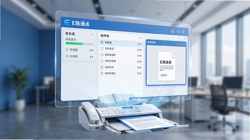 生成一幅现代商务办公场景的3D渲染图,画面中央是一台悬浮的透明屏幕,屏幕上清晰显示着E路通电子传真的主界面,包含传真发送进度、收件箱列表和文件预览窗口,屏幕下方有纸质传真机与电子文档融合的过渡效果,背景为模糊的写字楼内景,整体色调以蓝白为主,突出科技感与高效感,画面比例16:9,细节丰富,光线柔和。