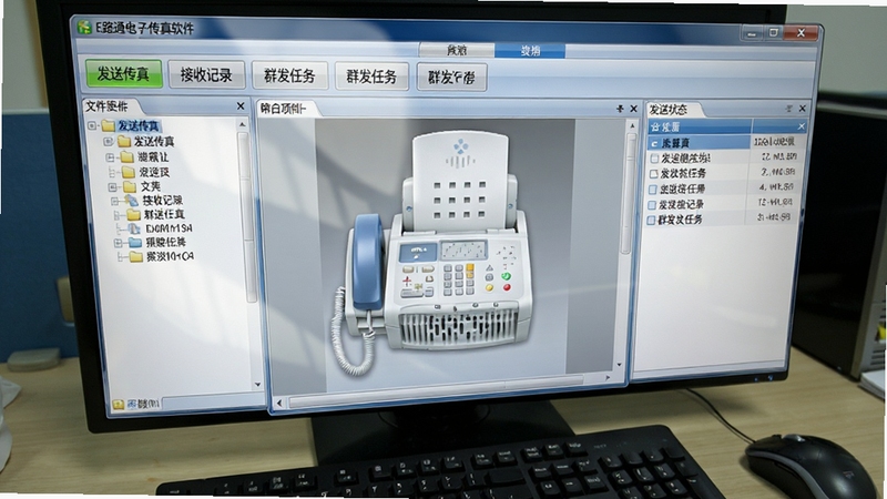 生成一幅E路通电子传真软件运行界面的特写截图风格图,界面展示左侧文件夹树形目录、中间传真预览区、右侧发送状态列表,顶部工具栏包含“发送传真”“接收记录”“群发任务”等按钮,色彩搭配以浅灰与蓝色为主,界面清晰整洁,模拟真实软件窗口,屏幕比例为16:10,画面带有微弱的屏幕反光效果,周围环境为办公桌面,摆放有键盘和鼠标。
