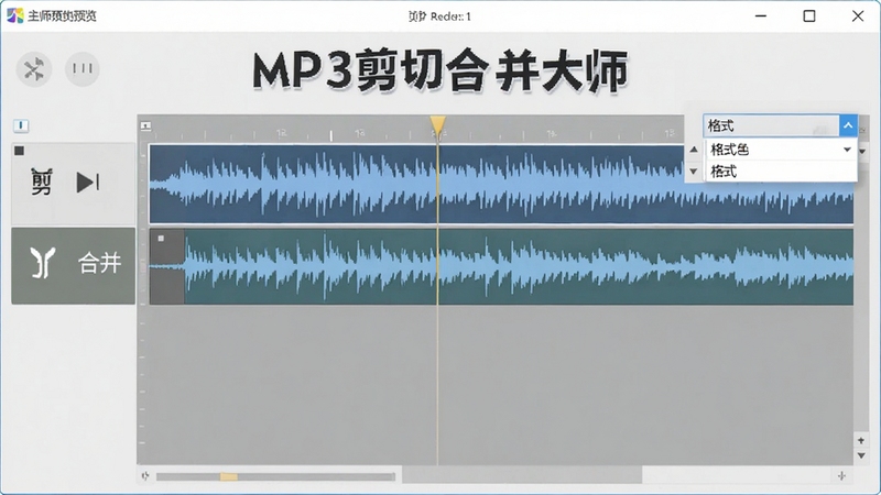 MP3剪切合并大师主界面预览图,显示简洁的音频轨道编辑区域,包含波形显示、剪切按钮、合并按钮和格式选择下拉菜单,背景为浅灰色调,整体风格清爽专业,居中构图,软件名称清晰可见,适合作为软件介绍的首图展示
