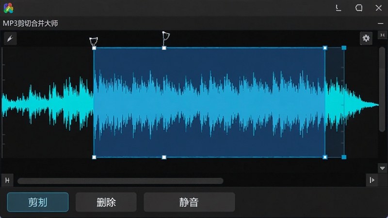 MP3剪切合并大师操作演示截图,展示正在对一段波形进行选中剪切操作,蓝色选中区域高亮,下方有剪切、删除、静音等工具按钮,背景为软件界面深色主题,波形颜色为青色,清晰展示剪切功能细节