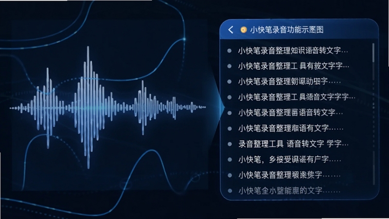 小快笔录音整理工具语音转文字功能示意图,画面左侧为声波波形图,右侧为实时滚动的文字字幕,色调以蓝白为主,科技感强,突出AI识别能力。
