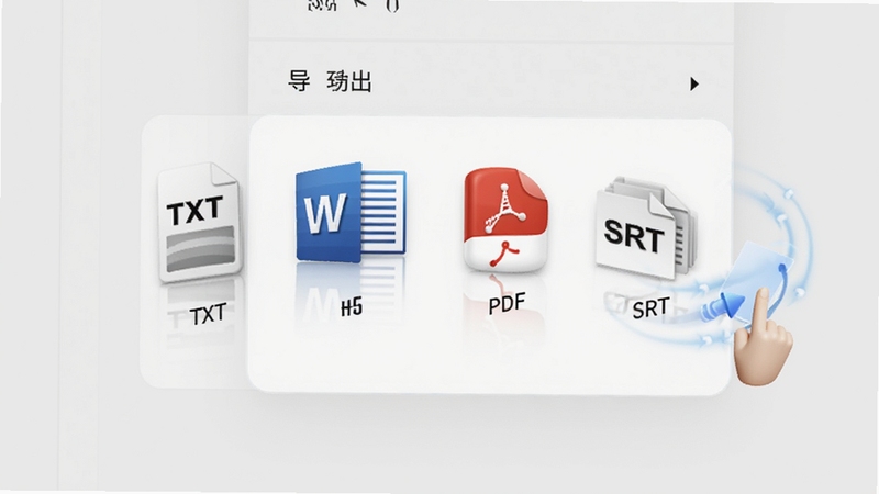小快笔录音整理工具导出功能预览图,展示导出菜单下拉选项,包含TXT、Word、PDF、SRT等格式图标,背景为淡灰色,图标立体感强,配以文件传输动画效果。