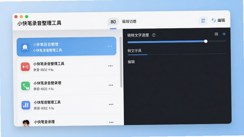 小快笔录音整理工具主界面预览图,展示录音列表、转文字进度条与编辑区域,背景为浅蓝色渐变,界面干净整洁,图标清晰,整体风格现代简约,适合办公场景。