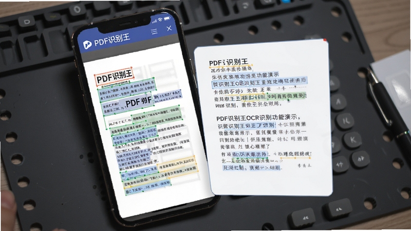 PDF识别王OCR识别功能演示图,手机屏幕显示一份扫描版PDF文档正在被识别,文字区域被高亮框选,页面右侧浮现出识别出的文本结果,背景为深灰色工作台,软件名称“PDF识别王”出现在顶部状态栏,画面强调人工智能技术与办公场景的结合。