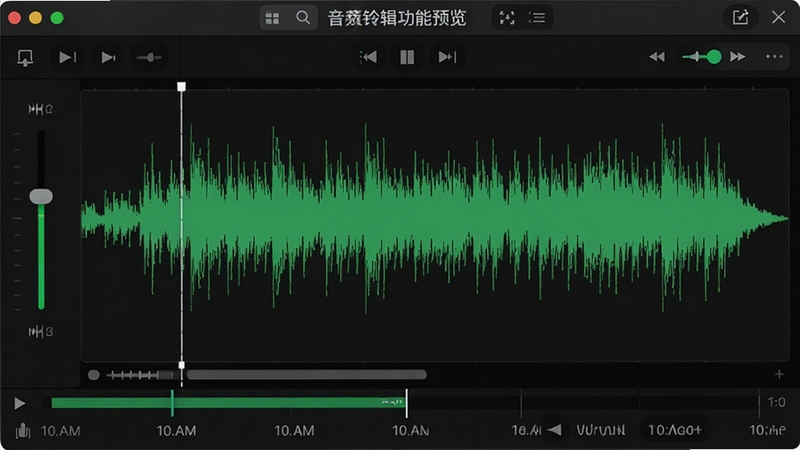 免费铃声盒子音频剪辑功能预览,显示波形编辑界面,有裁剪线、音量滑块,时间轴,背景为深色,波形为绿色,界面专业,突出剪辑功能