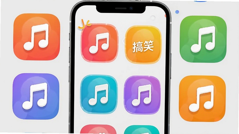 免费铃声盒子曲库分类展示图,界面显示多个彩色圆角分类图标,包括热门、经典、搞笑、纯音乐,每个图标上有音符装饰,背景为浅灰色,手机屏幕居中,画面活泼明快