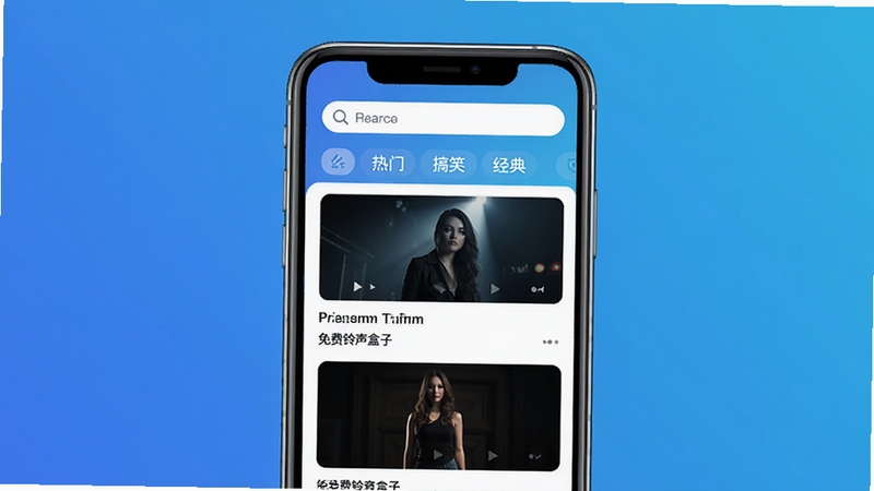 免费铃声盒子主界面预览图,展示软件首页瀑布流布局,顶部搜索栏,下方分类标签如热门、搞笑、经典,背景为渐变蓝色,画面主体为手机屏幕展示,风格简约现代,高清渲染