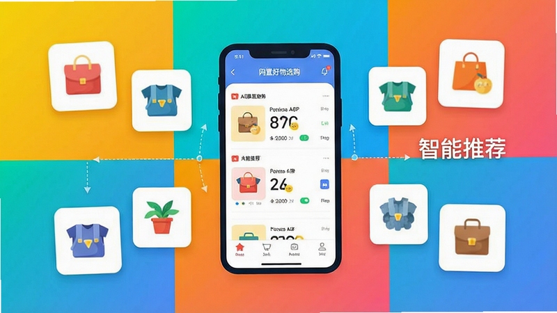 生成一张扁平化风格的功能示意图,画面中央是一部手机,屏幕上展示闲置好物选购APP的推荐页面,周围悬浮着多个商品图标和“智能推荐”字样,背景采用渐变色块分割,颜色明亮活泼,整体构图简洁直观,强调AI算法的精准性。