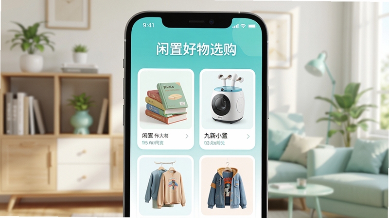 手机界面展示闲置好物选购APP,主色调为清新的蓝绿色,中央显示各类闲置商品卡片,如二手书籍、九成新小家电和潮流服饰,背景是简洁的客厅置物架,整体画面明亮通透,采用3D渲染风格,突出软件名称闲置好物选购,商品细节丰富,光线柔和自然,营造出轻松愉快的交易氛围。