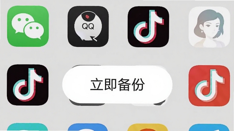 灵存聊天备份一键备份操作界面截图,画面展示手机屏幕上清晰的“立即备份”按钮,周围环绕着微信、QQ、抖音等应用图标,背景为浅灰色,突出简洁易用的操作流程