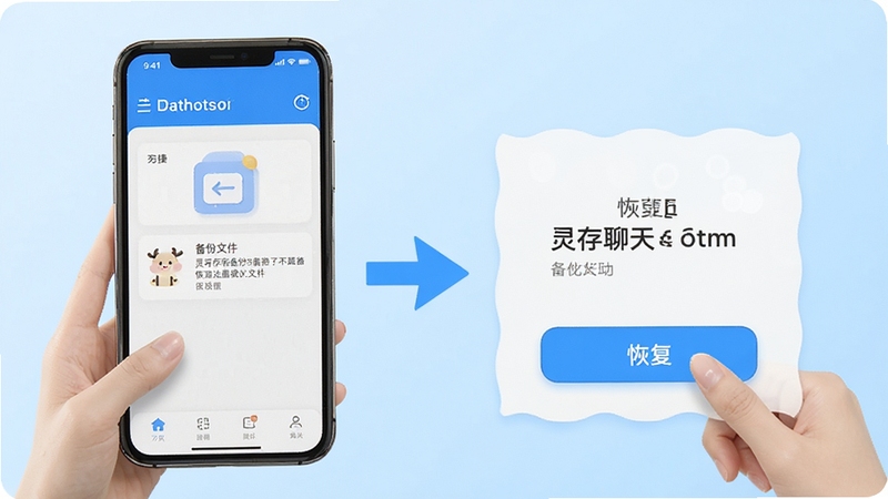 灵存聊天备份数据恢复操作流程示意图,画面展示手机屏幕上选择备份文件并点击“恢复”按钮的步骤,背景为明亮干净的浅蓝色调,配以箭头指引,强调简单便捷的恢复体验
