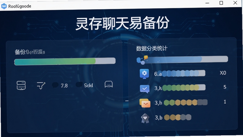 灵存聊天易备份软件备份进度界面预览图,界面显示备份进度条与数据分类统计,背景为深蓝色科技风格,图标清晰,突出高效备份特点,软件名称“灵存聊天易备份”显示在界面顶部,Boogu模型生成
