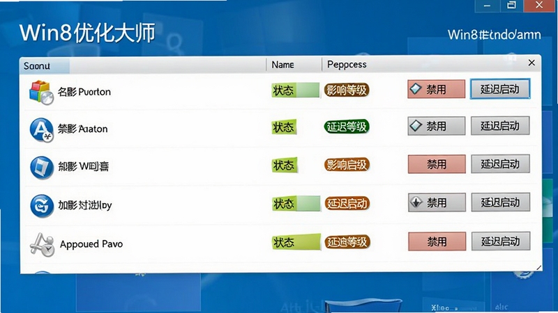 显示Win8优化大师启动管理界面的截图,列表展示多个启动项,每个项目有名称、状态、影响等级标签,右侧有“禁用”和“延迟启动”按钮,界面以蓝色调为主,突出软件名称Win8优化大师,背景为Windows 8开始屏幕风格