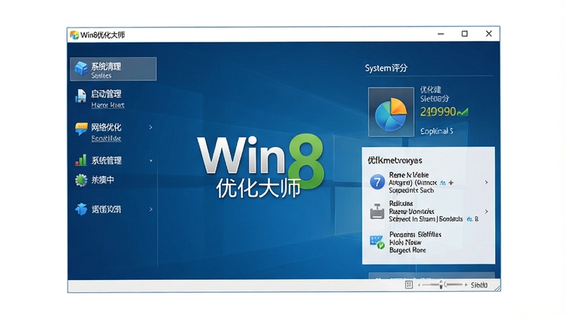一张展示Win8优化大师主界面的高清截图,界面布局清晰,左侧功能列表包含系统清理、启动管理、网络优化等模块,右侧显示系统评分和优化建议,整体风格现代简洁,背景为深蓝色渐变,突出软件名称Win8优化大师,画面中心为软件主窗口,四周留白,适合作为软件介绍首图