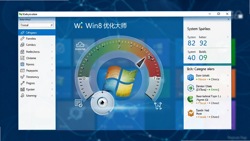 一张高清的Win8优化大师软件主界面预览图,画面中央是软件的仪表盘式功能总览,左侧为分类导航栏,右侧展示系统评分和优化建议,整体采用蓝色科技感风格,背景为模糊的Windows 8开始屏幕,突出软件的专业与易用性