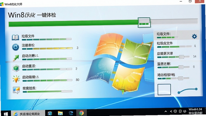 Win8优化大师一键体检功能界面截图,画面显示体检进度条和各项检测指标,包括垃圾文件、注册表、启动项等,背景为Windows 8系统桌面,色彩明亮清晰,突出检测的专业性和全面性