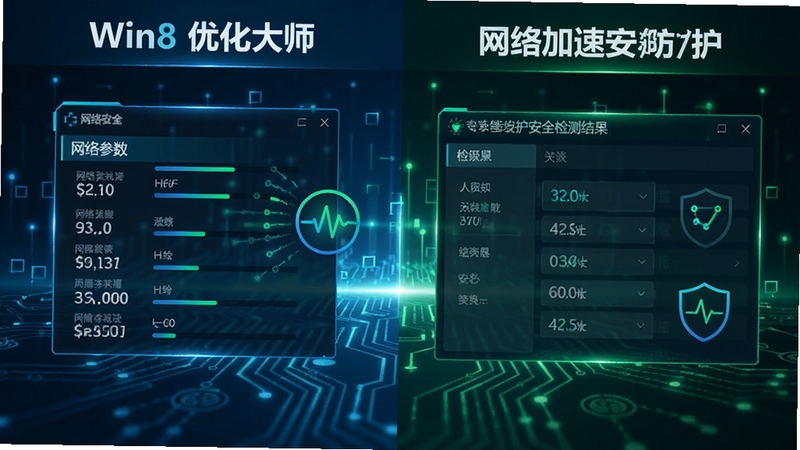 Win8优化大师网络加速与安全防护功能展示图,画面分为左右两部分,左侧显示网络参数优化选项,右侧显示安全检测结果,背景为科技感的光效,整体色调为蓝色和绿色,突出安全与速度的完美结合
