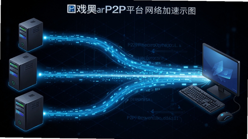 展示NetBarP2P游戏更新平台网络加速示意图,画面左侧为多个游戏服务器节点,右侧为本地电脑,中间用发光的蓝色数据流线条连接,象征高速传输,背景为深色科技网格,突出P2P加速的快速与稳定,画面比例为16:9
