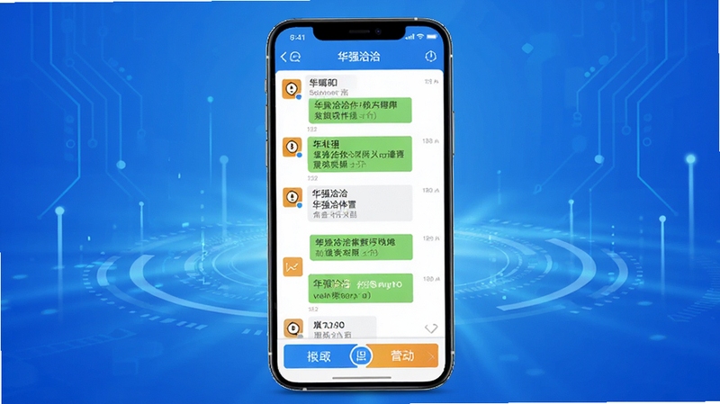 一张展示华强洽洽软件核心界面的高清预览图,画面中央是手机屏幕,屏幕内显示华强洽洽的聊天列表和功能按钮,背景是渐变的蓝色科技感光效,整体风格明亮现代,突出社交属性,图片质量高,适合软件下载站展示。