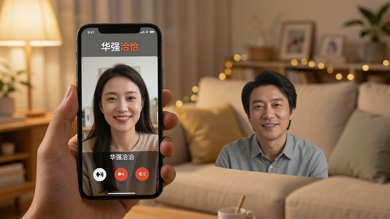展示华强洽洽正在进行高清视频通话的场景,画面中两个人通过手机屏幕面对面交流,屏幕上有华强洽洽的界面元素,背景是温馨的客厅环境,光线柔和,突出通话的清晰与流畅,整体画面真实自然。