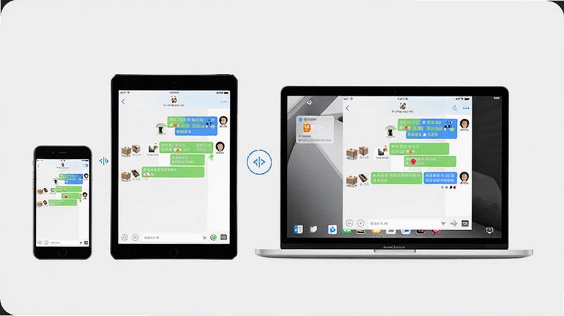 展示华强洽洽多端同步的示意图,画面中有一部手机、一台平板和一台笔记本电脑,三台设备的屏幕上显示着相同的聊天界面,背景是干净的浅灰色,突出同步和无缝切换的概念,整体风格简洁明了。