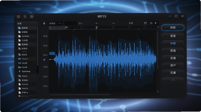 Visual MP3 主界面预览图,画面中央显示蓝色波形编辑区域,左侧为文件列表,右侧为功能按钮面板,整体采用深色系现代UI风格,背景为柔和的科技光晕,突出软件专业与易用并重的特点